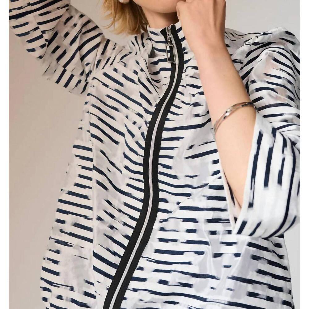 NEW JOSEPH RIBKOFF jacquard organza stripped bomber jacket in off-white/navy - Picture 5 of 5